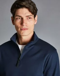 CHARLES TYRWHITT Performance Zip-Neck Sweater - Navy -Charles Tyrwhitt Shop JEX0029NAV MODEL DETAIL