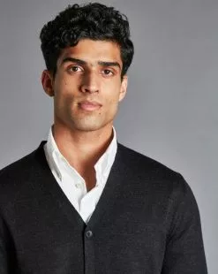 CHARLES TYRWHITT Merino Cardigan - Charcoal Grey -Charles Tyrwhitt Shop KNC0062DCH MODEL DETAIL