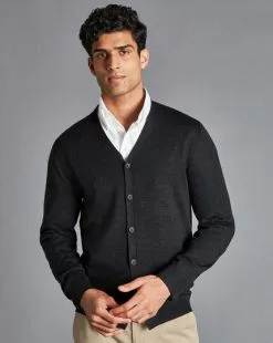 CHARLES TYRWHITT Merino Cardigan - Charcoal Grey -Charles Tyrwhitt Shop KNC0062DCH MODEL FRONT