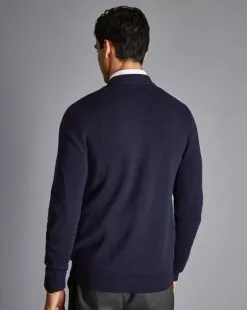 CHARLES TYRWHITT Merino Zip Through Hybrid Bomber Jacket - Navy -Charles Tyrwhitt Shop KNC0086NAV MODEL BACK