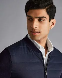 CHARLES TYRWHITT Merino Zip Through Hybrid Bomber Jacket - Navy -Charles Tyrwhitt Shop KNC0086NAV MODEL DETAIL