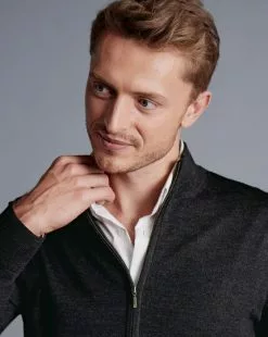 CHARLES TYRWHITT Pure Merino Full Zip-Through Cardigan - Charcoal Grey -Charles Tyrwhitt Shop KNC0089DCH MODEL DETAIL