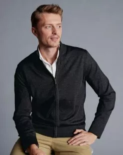 CHARLES TYRWHITT Pure Merino Full Zip-Through Cardigan - Charcoal Grey -Charles Tyrwhitt Shop KNC0089DCH MODEL SEATED