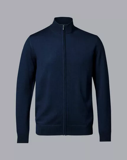 CHARLES TYRWHITT Pure Merino Full Zip-Through Cardigan - Navy 6 CHARLES TYRWHITT Pure Merino Full Zip-Through Cardigan - Navy - Image 4