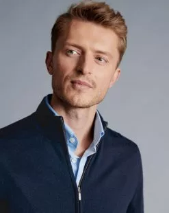 CHARLES TYRWHITT Pure Merino Full Zip-Through Cardigan - Navy 10 CHARLES TYRWHITT Pure Merino Full Zip-Through Cardigan - Navy -Charles Tyrwhitt Shop KNC0089NAV MODEL DETAIL
