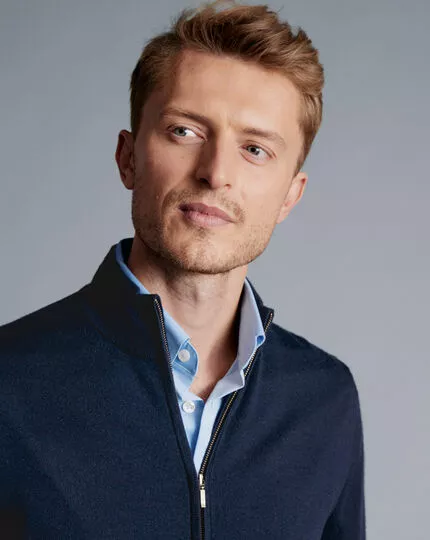 CHARLES TYRWHITT Pure Merino Full Zip-Through Cardigan - Navy 5 CHARLES TYRWHITT Pure Merino Full Zip-Through Cardigan - Navy - Image 3