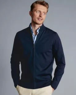 CHARLES TYRWHITT Pure Merino Full Zip-Through Cardigan - Navy 9 CHARLES TYRWHITT Pure Merino Full Zip-Through Cardigan - Navy -Charles Tyrwhitt Shop KNC0089NAV MODEL FRONT