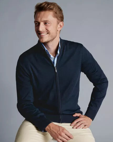 CHARLES TYRWHITT Pure Merino Full Zip-Through Cardigan - Navy 7 CHARLES TYRWHITT Pure Merino Full Zip-Through Cardigan - Navy - Image 5