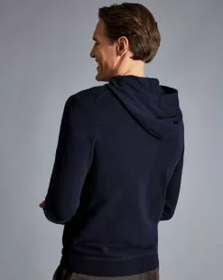 CHARLES TYRWHITT Merino Cashmere Hooded Zip Through Sweater - Navy -Charles Tyrwhitt Shop KNG0003NAV MODEL BACK