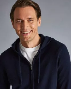 CHARLES TYRWHITT Merino Cashmere Hooded Zip Through Sweater - Navy -Charles Tyrwhitt Shop KNG0003NAV MODEL DETAIL
