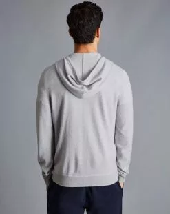 CHARLES TYRWHITT Merino Cashmere Hooded Zip Through Sweater - Silv -Charles Tyrwhitt Shop KNG0003SLV MODEL BACK