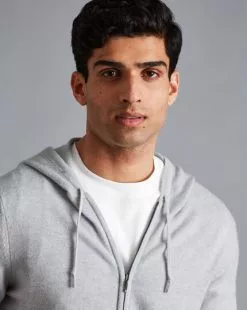 CHARLES TYRWHITT Merino Cashmere Hooded Zip Through Sweater - Silv -Charles Tyrwhitt Shop KNG0003SLV MODEL DETAIL