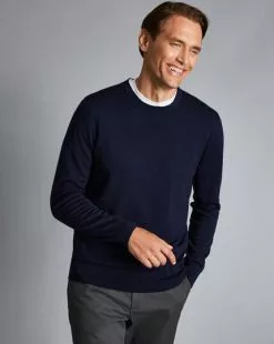 CHARLES TYRWHITT Merino Crew Neck Sweater - Navy -Charles Tyrwhitt Shop KNJ0067NAV MODEL FRONT
