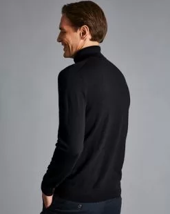 CHARLES TYRWHITT Merino Roll Neck Sweater - Black -Charles Tyrwhitt Shop KNJ0070BLK MODEL BACK