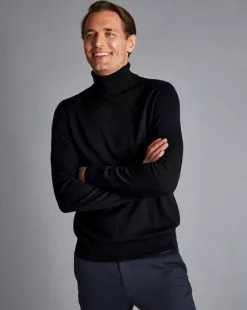 CHARLES TYRWHITT Merino Roll Neck Sweater - Black -Charles Tyrwhitt Shop KNJ0070BLK MODEL FRONT