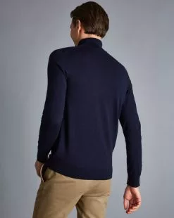 CHARLES TYRWHITT Merino Roll Neck Sweater - Navy -Charles Tyrwhitt Shop KNJ0070NAV MODEL BACK