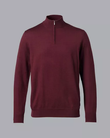 CHARLES TYRWHITT Merino Zip Neck Sweater - Burgundy 6 CHARLES TYRWHITT Merino Zip Neck Sweater - Burgundy - Image 4