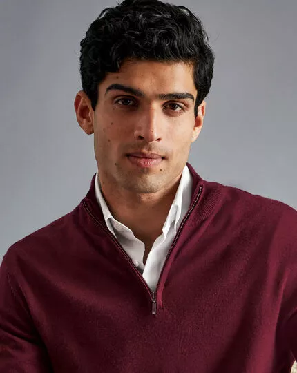 CHARLES TYRWHITT Merino Zip Neck Sweater - Burgundy 5 CHARLES TYRWHITT Merino Zip Neck Sweater - Burgundy - Image 3