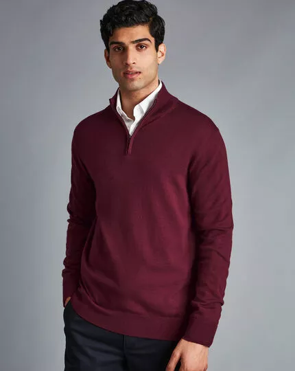 CHARLES TYRWHITT Merino Zip Neck Sweater - Burgundy 4 CHARLES TYRWHITT Merino Zip Neck Sweater - Burgundy - Image 2
