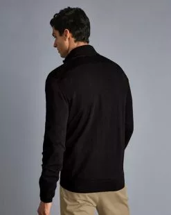 CHARLES TYRWHITT Merino Zip Neck Sweater - Black -Charles Tyrwhitt Shop KNJ0321BLK MODEL BACK