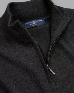 CHARLES TYRWHITT Merino Zip Neck Sweater - Charcoal Grey