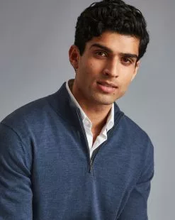 CHARLES TYRWHITT Merino Zip Neck Sweater - Indigo Melang -Charles Tyrwhitt Shop KNJ0321IDG MODEL DETAIL