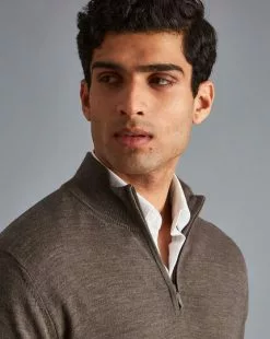 CHARLES TYRWHITT Merino Zip Neck Sweater - Moch -Charles Tyrwhitt Shop KNJ0321MCA MODEL DETAIL