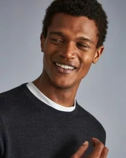 CHARLES TYRWHITT Merino Crew Neck Sweater - Charcoal Grey -Charles Tyrwhitt Shop KNJ0347DCH MODEL DETAIL
