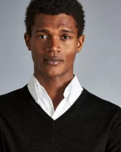 CHARLES TYRWHITT Merino V-Neck Sweater - Dark Ch -Charles Tyrwhitt Shop KNJ0358DCH MODEL DETAIL