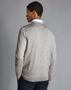 CHARLES TYRWHITT Merino V-Neck Sweater - Silv 14 CHARLES TYRWHITT Merino V-Neck Sweater - Silv -Charles Tyrwhitt Shop KNJ0358SLV MODEL BACK
