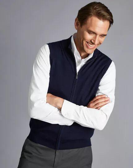 CHARLES TYRWHITT Merino Zip Through Vest - Navy 3 CHARLES TYRWHITT Merino Zip Through Vest - Navy
