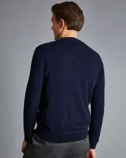 CHARLES TYRWHITT Merino Cashmere Crew Neck Sweater - Navy -Charles Tyrwhitt Shop KNJ0365NAV MODEL BACK