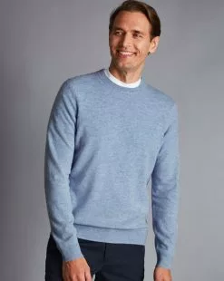 CHARLES TYRWHITT Merino Cashmere Crew Neck Sweater - Sky -Charles Tyrwhitt Shop KNJ0365SKY MODEL FRONT