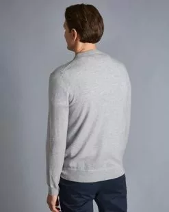 CHARLES TYRWHITT Merino Cashmere Crew Neck Sweater - Silver  -Charles Tyrwhitt Shop KNJ0365SLV MODEL BACK