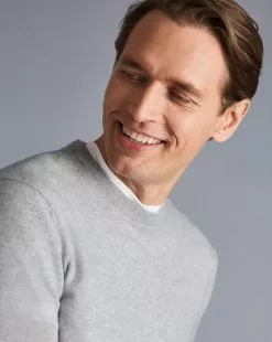CHARLES TYRWHITT Merino Cashmere Crew Neck Sweater - Silver  -Charles Tyrwhitt Shop KNJ0365SLV MODEL DETAIL