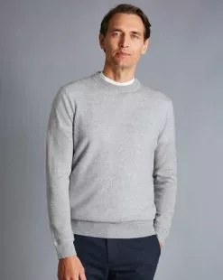 CHARLES TYRWHITT Merino Cashmere Crew Neck Sweater - Silver  -Charles Tyrwhitt Shop KNJ0365SLV MODEL FRONT