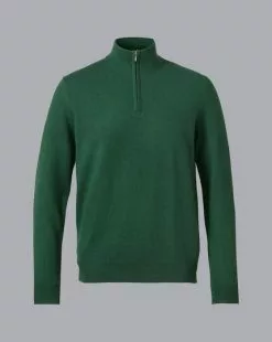 CHARLES TYRWHITT Cashmere Zip Neck Sweater - Dark Green -Charles Tyrwhitt Shop KNJ0385DGN FULL