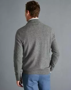CHARLES TYRWHITT Cashmere Zip Neck Sweater - Grey -Charles Tyrwhitt Shop KNJ0385GRY MODEL BACK