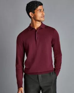 CHARLES TYRWHITT Merino Polo Neck Sweater - Burgundy R -Charles Tyrwhitt Shop KNJ0394BGD MODEL FRONT