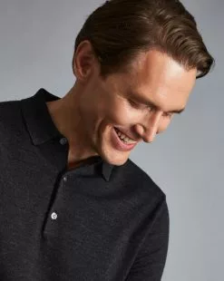 CHARLES TYRWHITT Merino Polo Sweater - Charcoal Grey -Charles Tyrwhitt Shop KNJ0394DCH MODEL DETAIL