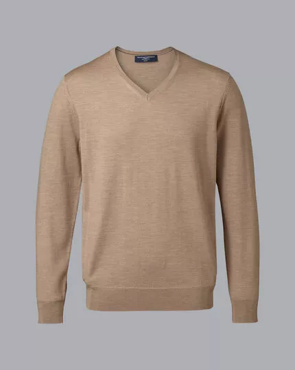 CHARLES TYRWHITT Merino V-Neck Sweater - Oatm 6 CHARLES TYRWHITT Merino V-Neck Sweater - Oatm - Image 4