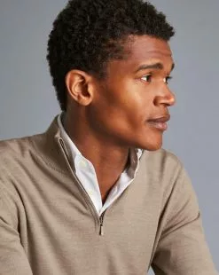 CHARLES TYRWHITT Merino Zip Neck Sweater - Oatm -Charles Tyrwhitt Shop KNJ0403CAM MODEL DETAIL