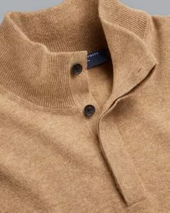 CHARLES TYRWHITT Merino Cashmere Button Neck Sweater - Cam