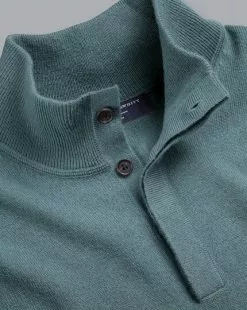 CHARLES TYRWHITT Merino Cashmere Button Neck Sweater - Pale Teal Green