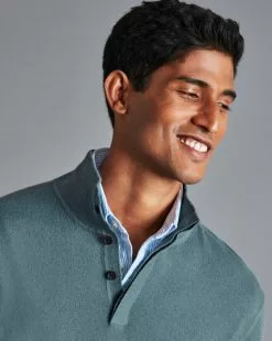 CHARLES TYRWHITT Merino Cashmere Button Neck Sweater - Pale Teal Green -Charles Tyrwhitt Shop KNJ0404PTG MODEL DETAIL
