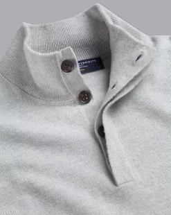 CHARLES TYRWHITT Merino Cashmere Button Neck Sweater - Silv