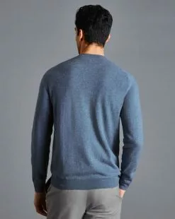 CHARLES TYRWHITT Merino Cashmere Crew Neck Sweater - Indigo B -Charles Tyrwhitt Shop KNJ0405IDG MODEL BACK