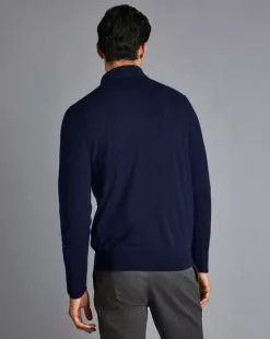 CHARLES TYRWHITT Merino Zip Neck Polo Sweater - Navy -Charles Tyrwhitt Shop KNJ0409NAV MODEL BACK