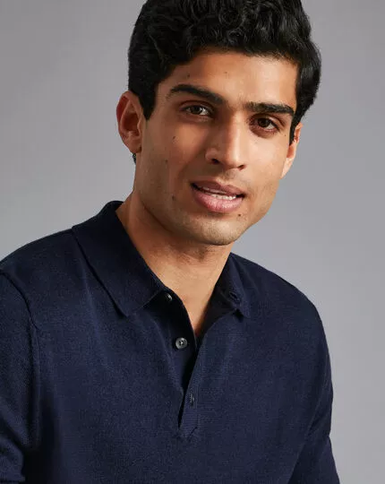 CHARLES TYRWHITT Merino Short Sleeve Polo Sweater - Navy 5 CHARLES TYRWHITT Merino Short Sleeve Polo Sweater - Navy - Image 3