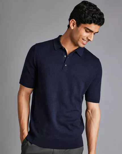 CHARLES TYRWHITT Merino Short Sleeve Polo Sweater - Navy 4 CHARLES TYRWHITT Merino Short Sleeve Polo Sweater - Navy - Image 2